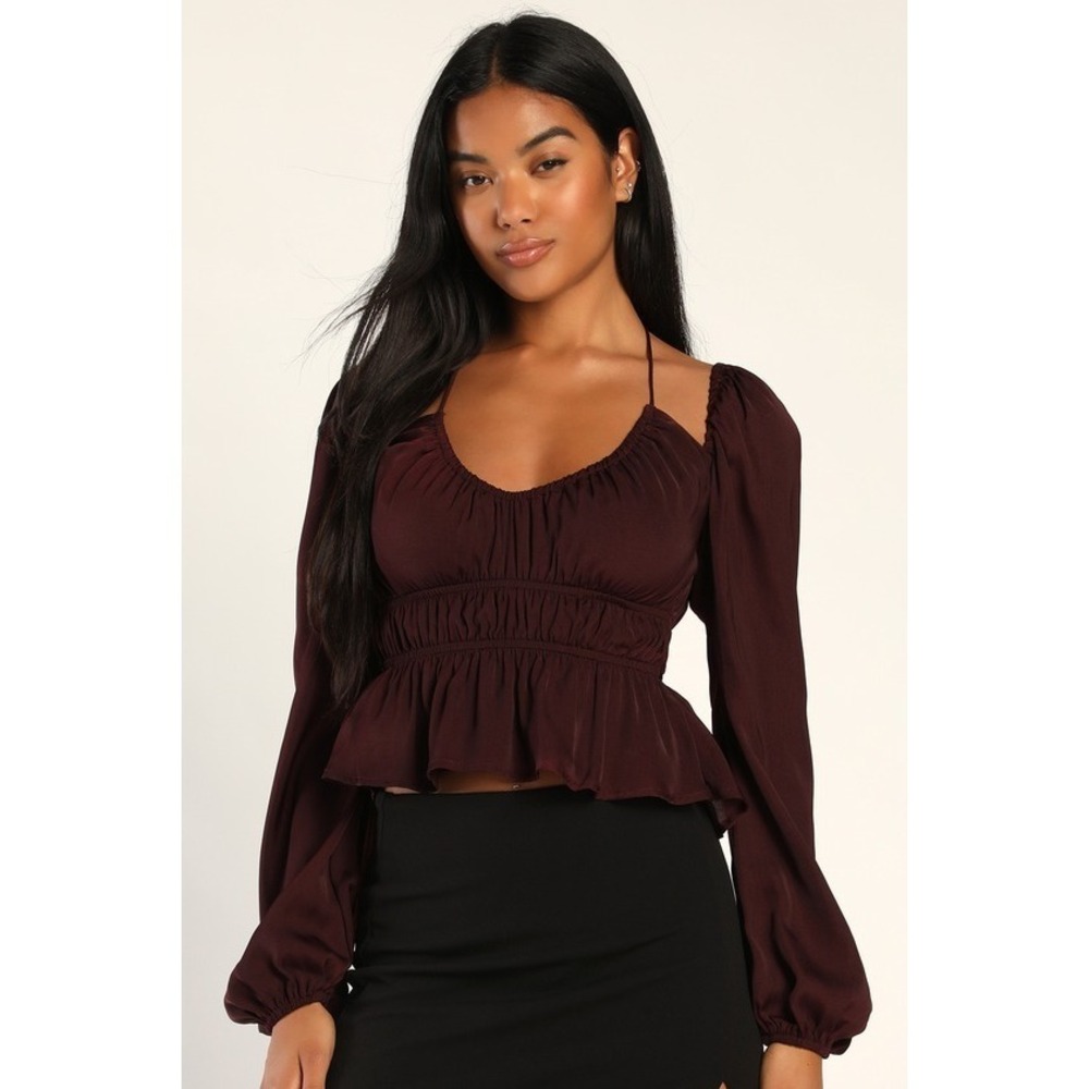 Lulus Struck By Desire Dark Plum Balloon Sleeve Halter Peplum Crop Top Purple